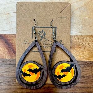 Halloween Wooden Earrings Boo Bats Scary Spooky Night Nite Full Moon